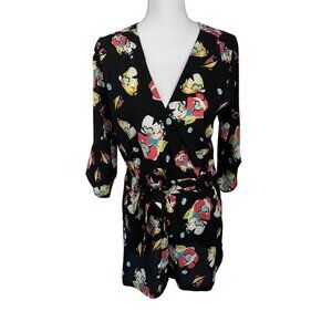 Yumi Kim Liz Black Floral Print V-Neck Half Sleeve Back Zip Romper Medium M